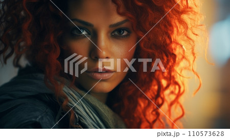 AI-generated content. Photorealistic Adult Indian Woman with Red Curly Hair Futuristic Illustration. Portrait of a person in cyberpunk style. Cyberspace Ai Generated Horizontal Illustration. 110573628