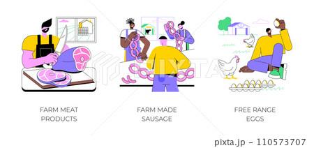Farm products isolated cartoon vector illustrations set. Farmer cutting fresh meat, homemade sausage, free range eggs, keep chicken, secondary production, agribusiness vector cartoon. Farm products isolated cartoon vector illustrations set. Farmer cutting fresh meat, homemade sausage, free range eggs, keep chicken, secondary production, agribusiness vector cartoon. 110573707