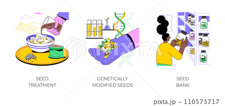 Seed treatment and modification isolated cartoon vector illustrations set. Farmer treating seeds chemically, genetically modified in a lab, take from bank, healthy crop production vector cartoon. Seed treatment and modification isolated cartoon vector illustrations set. Farmer treating seeds chemically, genetically modified in a lab, take from bank, healthy crop production vector cartoon. 110573717