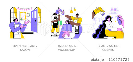 Beauty salon owner isolated cartoon vector illustrations set. Happy smiling woman opening her own business, professional hairdresser workshop, cutting hair, client happy with haircut vector cartoon. Beauty salon owner isolated cartoon vector illustrations set. Happy smiling woman opening her own business, professional hairdresser workshop, cutting hair, client happy with haircut vector cartoon. 110573723