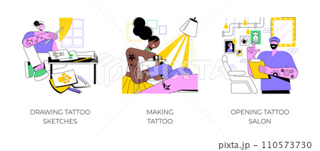 Tattoo master isolated cartoon vector illustrations set. Professional artist drawing new sketches, tattoo making process, permanent makeup, opening professional salon, small business vector cartoon. 110573730