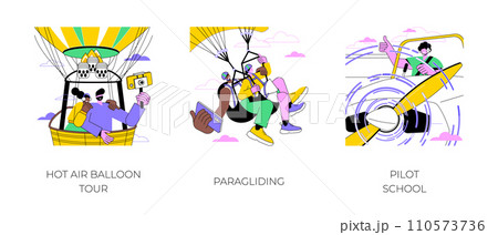 Adventure holiday activities isolated cartoon vector illustrations set. Hot air balloon tour, smiling people paragliding together, man learning to pilot a plane, exclusive tourism vector cartoon. 110573736