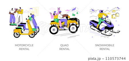 Motor vehicle rental isolated cartoon vector illustrations set. Salesman gives a keys to the rented motorcycle, people renting quad on vacation, snowmobile ride, tourism business vector cartoon. 110573744