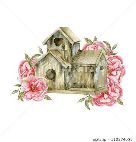 Watercolor wooden birdhouse with spring pink flowers illustration. Hand drawn peonies with green leaves and small bird home composition for label, greeting card, invitation ,packing design 110574059