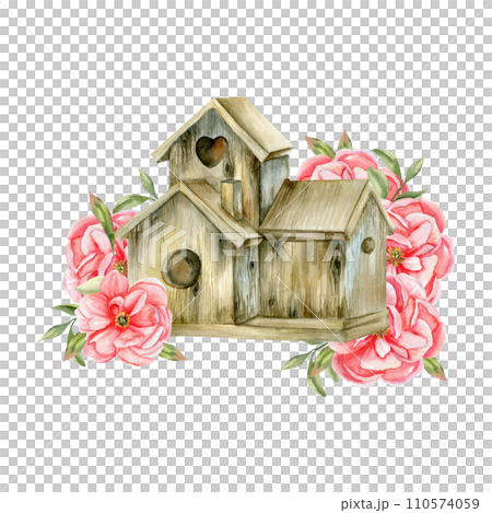 Watercolor wooden birdhouse with spring pink flowers illustration. Hand drawn peonies with green leaves and small bird home composition for label, greeting card, invitation ,packing design 110574059