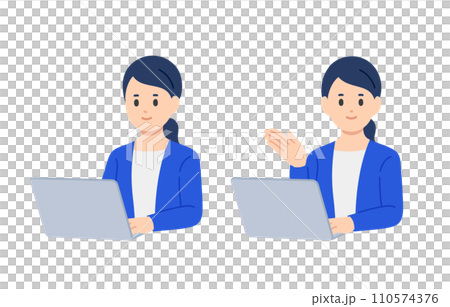 A set of businessperson women looking at a computer and posing as a guide [people vector illustration material] 110574376