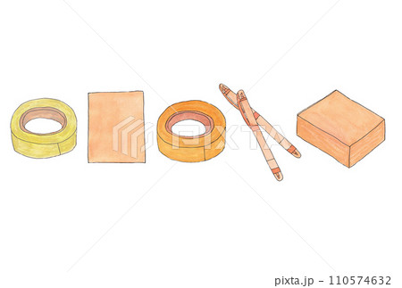水性ペンと透明水彩絵具で描いた橙色の文房具の横並びのイラストセット 110574632