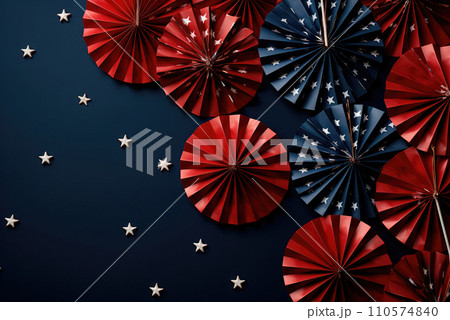 Concept of celebrating America's Independence Day on July 4th. Top view flat image of a banner made of paper flowers in the colors of the national flag of blue, red, white balls with stars on blue 110574840