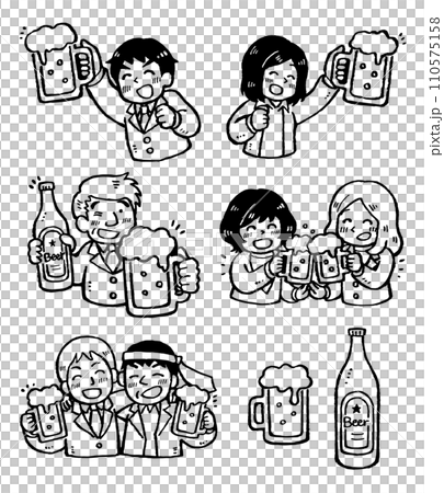 插圖集辦公室工作人員手裡拿著啤酒杯享受酒會。單色線條畫 插圖集辦公室工作人員手裡拿著啤酒杯享受酒會。單色線條畫 110575158