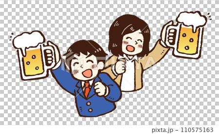 Illustration of a male and female office worker making a toast with their backs to each other with beer mugs in hand Illustration of a male and female office worker making a toast with their backs to each other with beer mugs in hand 110575163