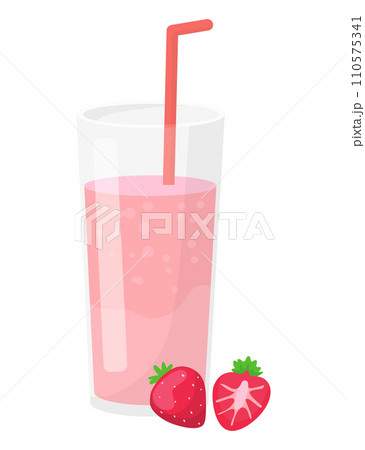 Strawberry smoothie in a glass with a straw, two whole and cut strawberries aside. Refreshing fruit drink and healthy beverage concept vector illustration. 110575341