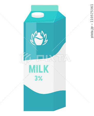 Blue and white milk carton with label showing 3 and a milk splash icon. Dairy packaging design concept. Realistic product container vector illustration. 110575361