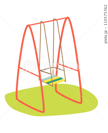 Red and yellow swing set on green ground, simple playground equipment vector illustration. Childhood fun and outdoor play concept. 110575362