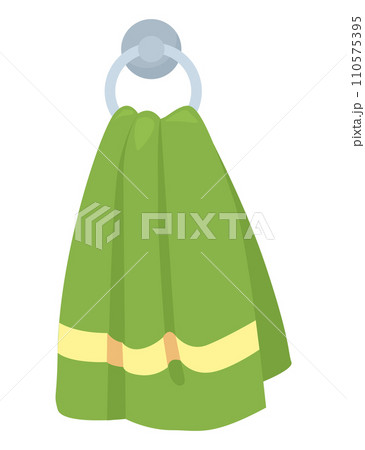 Green hand towel hanging on a round silver hook. Hygiene concept, clean bathroom accessories vector illustration. Green hand towel hanging on a round silver hook. Hygiene concept, clean bathroom accessories vector illustration. 110575395