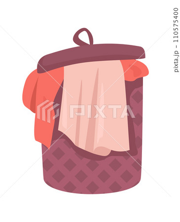 Wicker basket with red cloth and lid, hand drawn style. Storage container, cozy home concept vector illustration. 110575400