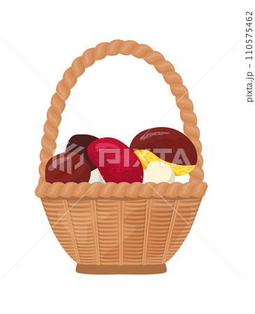 Wicker basket full of colorful Easter eggs. Festive Easter egg hunt celebration vector illustration. 110575462