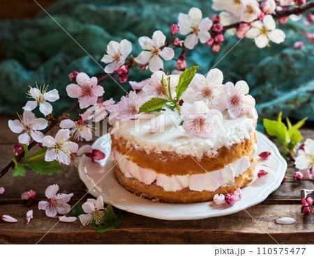 桜をバックにお皿に乗せたケーキ 110575477