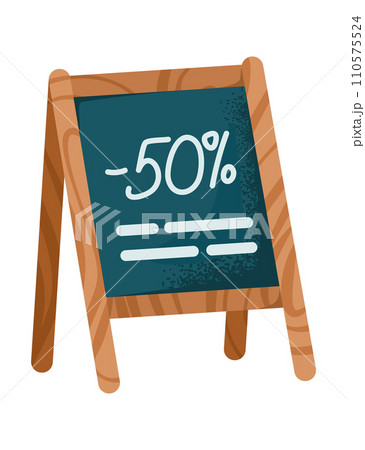 Chalkboard sign with 50 off discount offer. Wooden frame sidewalk signage with sale advertisement vector illustration. 110575524