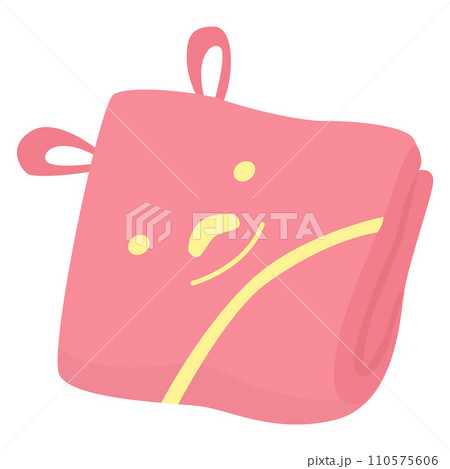 Pink smiling towel with happy face hanging. Cute bathroom accessory with joyful expression. Child-friendly home and bathroom decor vector illustration. 110575606