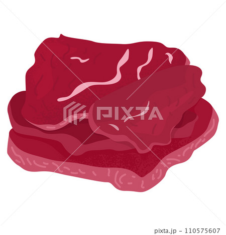 Raw meat illustration with multiple steak cuts. Red fresh beef or pork slices, uncooked protein source. Culinary ingredient for barbeque and cooking vector illustration. 110575607
