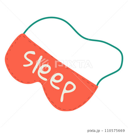 Red sleep mask with white lettering and elastic band. Comfortable accessory for rest and travel vector illustration. 110575669