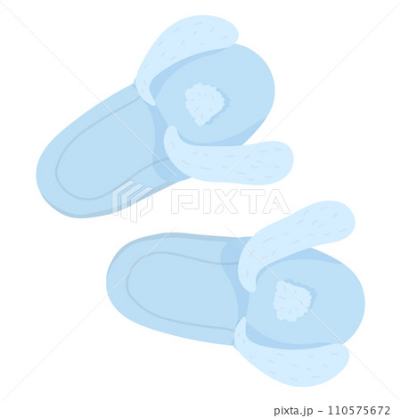 Pair of cozy light blue slippers with fluffy white pompoms. Warm winter home footwear, comfort and fashion vector illustration. 110575672