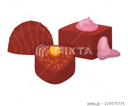 Assorted chocolates with nuts and strawberry cream topping. Delicious candy set for sweet tooth indulgence. Confectionery and gourmet treats vector illustration. Assorted chocolates with nuts and strawberry cream topping. Delicious candy set for sweet tooth indulgence. Confectionery and gourmet treats vector illustration. 110575775