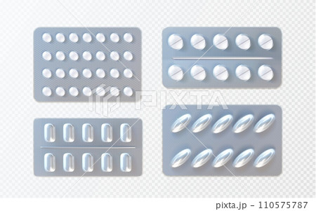 Pills and capsules in foil blister pack mockup. Pills and capsules in foil blister pack mockup. 110575787
