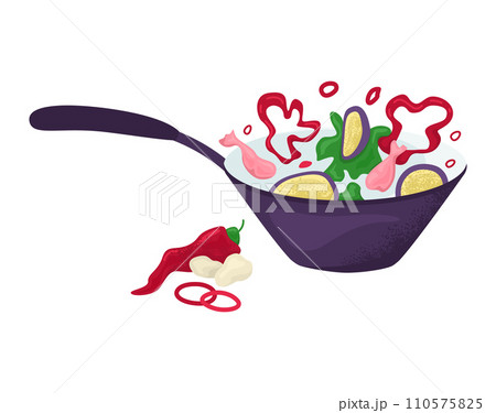 Colorful stir fry in wok, sizzling vegetables and chicken. Fresh ingredients cooking in pan, spicy food preparation. Culinary delights, homemade dinner vector illustration. Colorful stir fry in wok, sizzling vegetables and chicken. Fresh ingredients cooking in pan, spicy food preparation. Culinary delights, homemade dinner vector illustration. 110575825