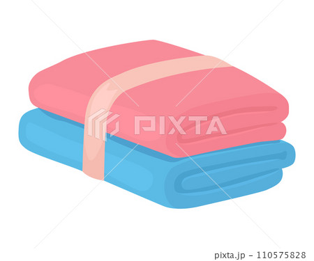 Stack of two towels, pink on top of blue, neatly folded. Home essentials and bathroom accessories vector illustration. 110575828