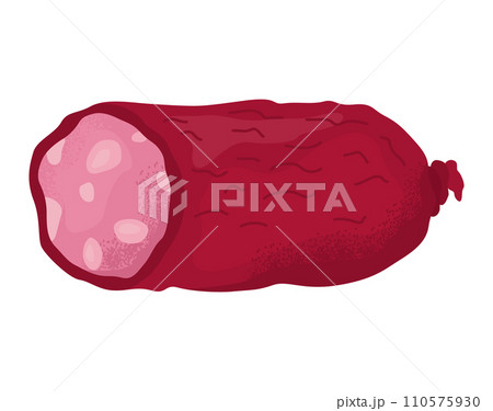 Salami sausage slice on one end, detailed textured meat vector illustration. Delicatessen, appetizing sausage, charcuterie concept. Salami sausage slice on one end, detailed textured meat vector illustration. Delicatessen, appetizing sausage, charcuterie concept. 110575930
