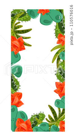 Tropical border with green leaves and red flowers. Exotic foliage frame for invitations or cards. Jungle plants and floral design vector illustration. 110576016