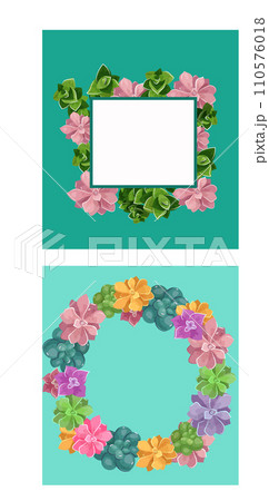 Floral frame with colorful flowers and green leaves on teal background. Floral border design for cards and invitations vector illustration. 110576018