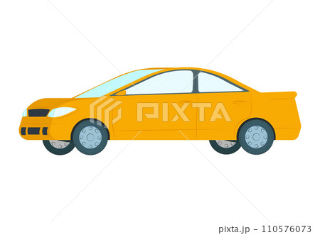Side view of a modern yellow sedan car on a white background. Compact vehicle design and transportation concept. Vector illustration. Side view of a modern yellow sedan car on a white background. Compact vehicle design and transportation concept. Vector illustration. 110576073