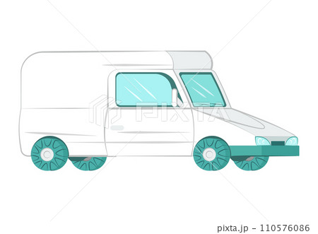 White delivery van side view with blue wheels and details. Simplified courier transport vehicle design. Logistics and distribution vector illustration. White delivery van side view with blue wheels and details. Simplified courier transport vehicle design. Logistics and distribution vector illustration. 110576086