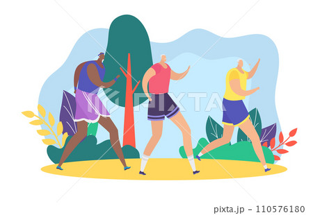 Three senior adults jogging together in a park setting. Elderly fitness, active lifestyle, workout, seniors exercising outdoors. Retirement health and well-being vector illustration. 110576180