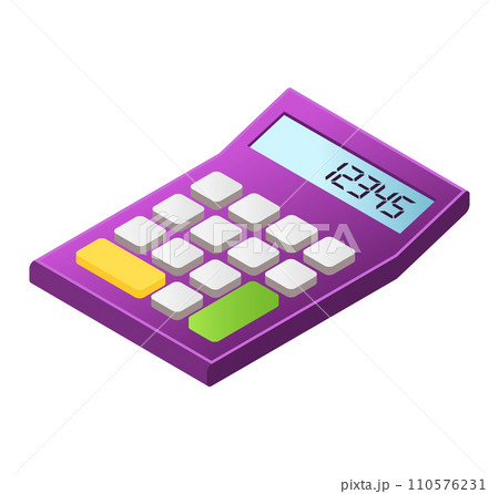 Isometric purple calculator with colorful buttons and digital display. Office stationary, mathematics tool vector illustration. Isometric purple calculator with colorful buttons and digital display. Office stationary, mathematics tool vector illustration. 110576231