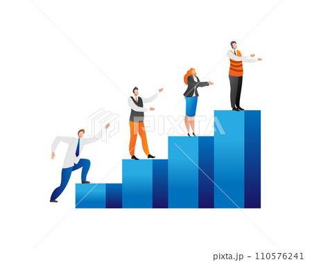 Diverse business team climbing bar chart towards success. Corporate growth and career progression. Career development and teamwork vector illustration. Diverse business team climbing bar chart towards success. Corporate growth and career progression. Career development and teamwork vector illustration. 110576241