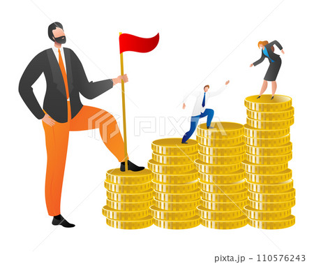 Success concept with businessman planting flag on coin stack, helping businessman and woman climb. Financial achievement, teamwork and leadership vector illustration. 110576243