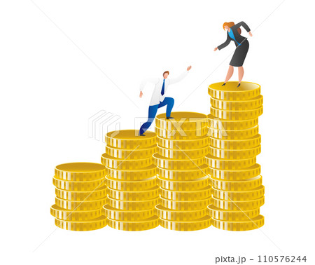 Businessman and businesswoman climbing coin stacks. Female executive reaches the top while male colleague follows. Financial success and career growth vector illustration. 110576244