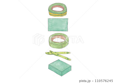 水性ペンと透明水彩絵具で描いた黄緑色の文房具の縦並びのイラストセット 水性ペンと透明水彩絵具で描いた黄緑色の文房具の縦並びのイラストセット 110576245
