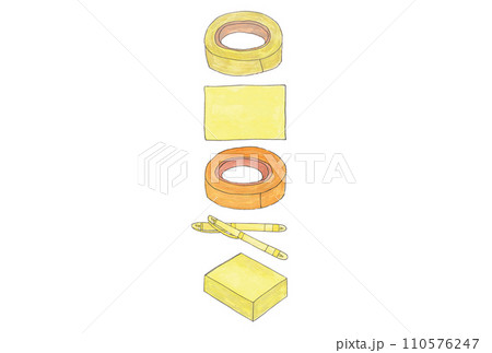 水性ペンと透明水彩絵具で描いた黄色の文房具の縦並びのイラストセットA 110576247