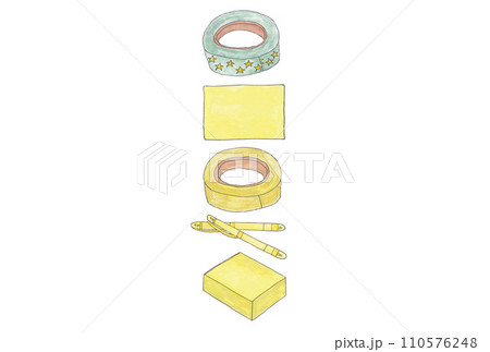 水性ペンと透明水彩絵具で描いた黄色の文房具の縦並びのイラストセットB 水性ペンと透明水彩絵具で描いた黄色の文房具の縦並びのイラストセットB 110576248