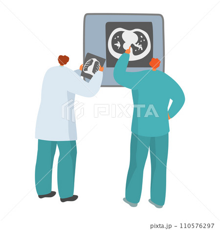 Two doctors examining an X-ray of lungs, medical professionals in scrubs. Healthcare workers analyzing patient's chest X-ray vector illustration. 110576297
