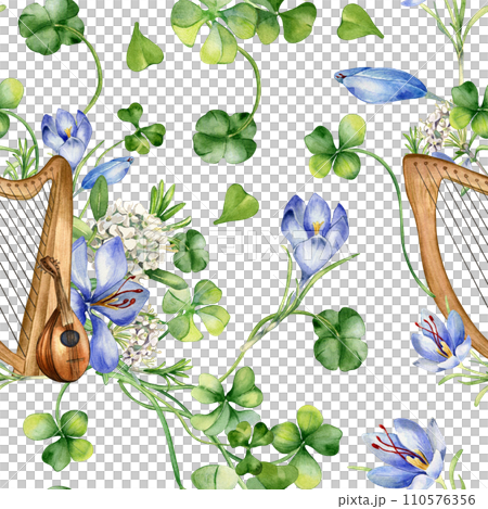 Musical instruments and spring flowers watercolor seamless pattern isolated on white. Painted green clover with harp and mandoline. Irish symbol hand drawn. Design for St.Patricks day background 110576356