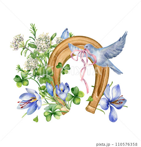 Lucky symbol horseshoe and flowers in botanical art watercolor illustration isolated on white. Painted saffron, clover and bird. Lucky symbol hand drawn. Design for St.Patricks day,Easter, springtime 110576358