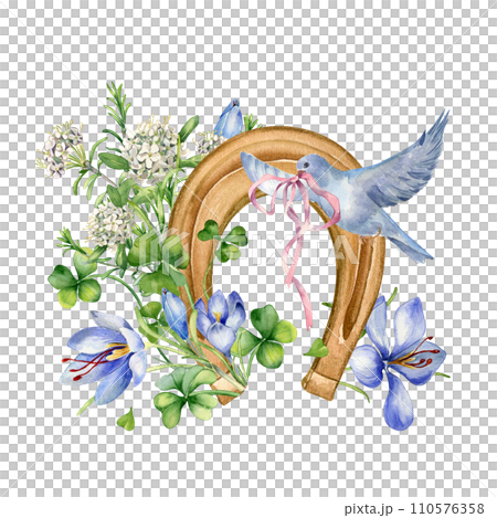 Lucky symbol horseshoe and flowers in botanical art watercolor illustration isolated on white. Painted saffron, clover and bird. Lucky symbol hand drawn. Design for St.Patricks day,Easter, springtime 110576358