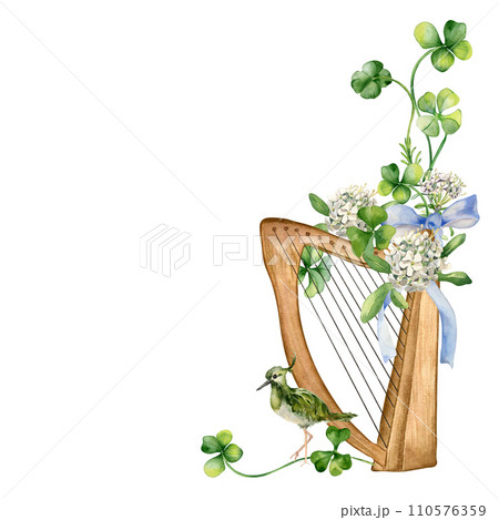 Board with harp, spring flowers and bird watercolor illustration isolated on white. Painted shamrock with lira and labrador tea. Irish lucky symbol hand drawn. Design for St.Patricks day,Easter frame 110576359