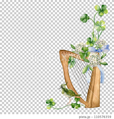 Board with harp, spring flowers and bird watercolor illustration isolated on white. Painted shamrock with lira and labrador tea. Irish lucky symbol hand drawn. Design for St.Patricks day,Easter frame 110576359