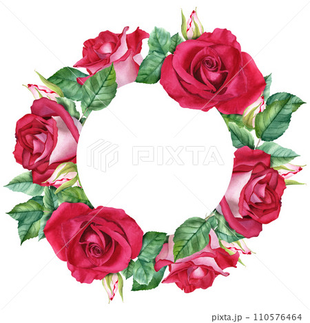 Wreath with flower rose blooms, leaves and buds. Hand drawn watercolor illustration isolated on white background. For clip art cards invitation greeting label 110576464